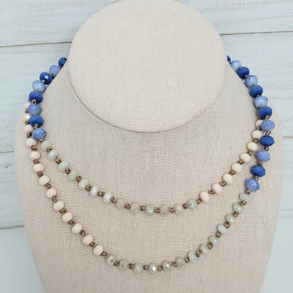 Glass Bead Tri Color Ombré Geometric Beads Long Necklace - Picture 2 of 10